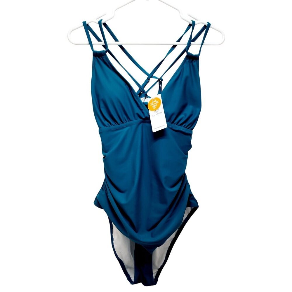 Charmo Womens Blue One-Piece Swimsui Crisscross Back UPF 50 Sun Protection SZ M